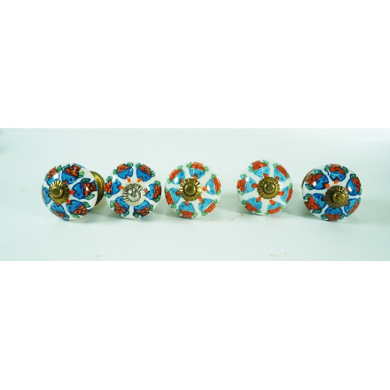 Ceramic Knobs - White Round, Fish Design - Kitchen Cabinet Hardware Door Decorative Dresser Pulls - Set Of 5 Pack