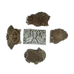 Ecofynd Wood Block Printing Stamps for Saree Border,  Fabric, Textile, Paper, Clay, Pottery - Hand-Carved Wooden Blocks Fabric, Textile, Paper, Clay, Pottery - Hand-Carved Wooden (Pack of 5)