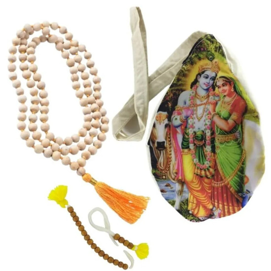 Novelika Multicolor Digital Pure Cotton Radha Krishna Printed Gomukhi Japa Mala Bag /Chating Bag/Beads Bag With Tulsi Japa Mala 108 Bead