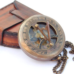 Novelika Brass Sundial Compass with Leather Case and Chain Push Open Compass