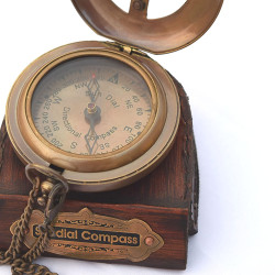Novelika Brass Sundial Compass with Leather Case and Chain Push Open Compass