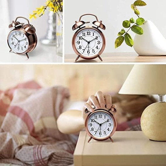  Novelika Vintage Twin Bell Analog Display Table Alarm Clock With Night Led Light Heavy Slippers Extra Loud Alarm Clock Ideal For Student And Kids Bedroom (Copper, 3 Inch, 2 Inch) set of 1