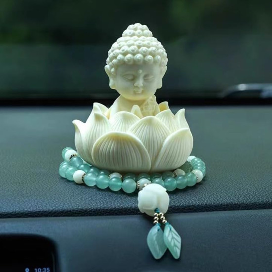 Novelika Lotus Baby Buddha Statue with Holy Mala | Peaceful White Buddha Monk Idol for Home Decor, Office Desk & Car Dashboard | Spiritual Gift Item – Pack of 1