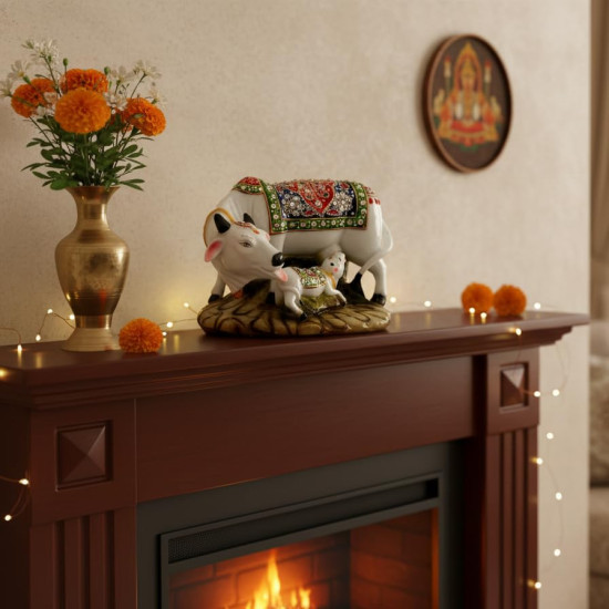 Novelika Decorative Marble Kamdhenu Cow and Calf Big Handcrafted Statue, 6-inch, Multicolour (Pack of 1) (1)