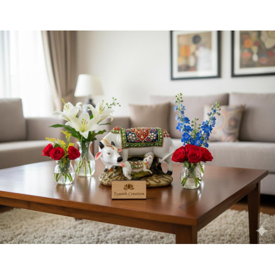 Novelika Decorative Marble Kamdhenu Cow and Calf Big Handcrafted Statue, 6-inch, Multicolour (Pack of 1) (1)