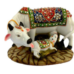 Novelika Decorative Marble Kamdhenu Cow and Calf Big Handcrafted Statue, 6-inch, Multicolour (Pack of 1) (1)
