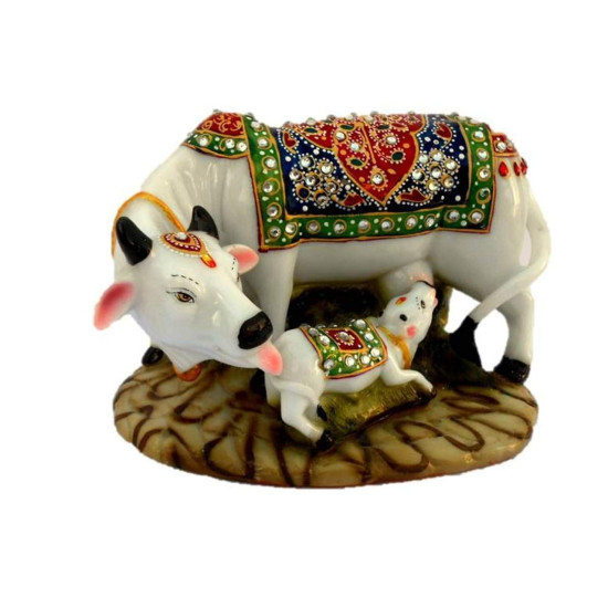 Novelika Decorative Marble Kamdhenu Cow and Calf Big Handcrafted Statue, 6-inch, Multicolour (Pack of 1) (1)