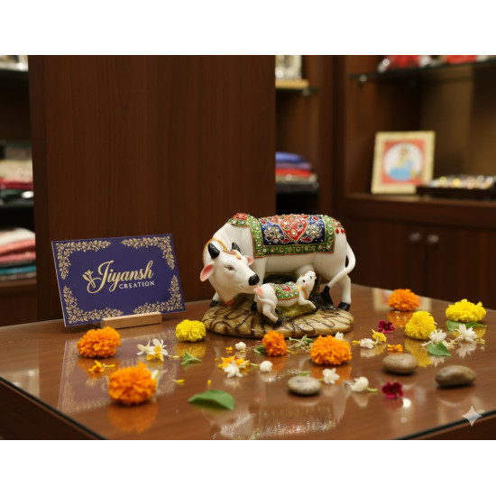 Novelika Decorative Marble Kamdhenu Cow and Calf Big Handcrafted Statue, 6-inch, Multicolour (Pack of 1) (1)