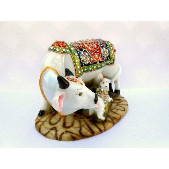 Novelika Decorative Marble Kamdhenu Cow and Calf Big Handcrafted Statue, 6-inch, Multicolour (Pack of 1) (1)