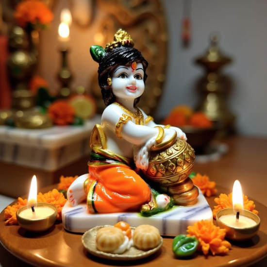 Novelika Krishna Makhan Chor Statue Figurine Showpiece for Home Temple, Living Room & Pooja Decor | Lord Krishna Idol Showpiece for Housewarming Gift for Janmashtmi (White Marble Finish) set of 1