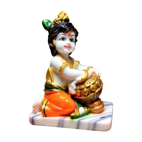 Novelika Krishna Makhan Chor Statue Figurine Showpiece for Home Temple, Living Room & Pooja Decor | Lord Krishna Idol Showpiece for Housewarming Gift for Janmashtmi (White Marble Finish) set of 1