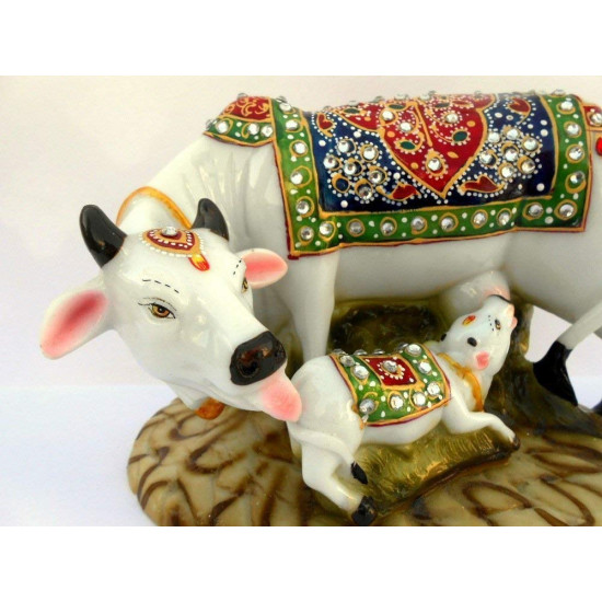 Novelika Decorative Marble Kamdhenu Cow and Calf Big Handcrafted Statue, 6-inch, Multicolour (Pack of 1) (1)