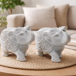  Novelika Elephant Statue 2 Pcs Set, Resin, Traditional Style, Good Luck Theme, for Home Decor & Office (White)
