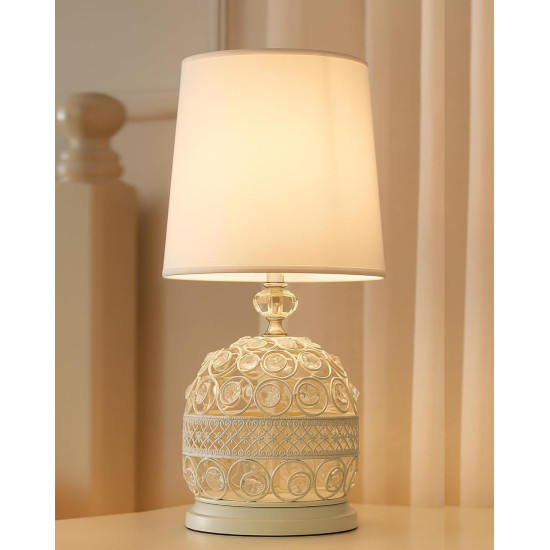 Novelika Modern Small Crystal Table Lamp,Contemporary Bedroom Bedside Nightstand Lamp,Morden Minimalist, Desk Globe Lamp for Living Room Girls Kids Room, White Fabric Shade (White) set of 1