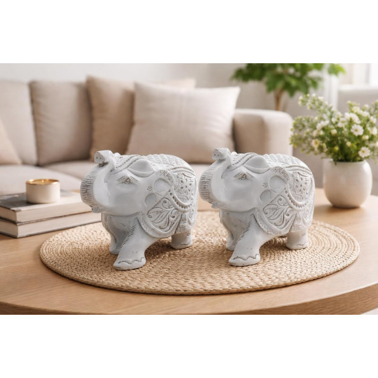  Novelika Elephant Statue 2 Pcs Set, Resin, Traditional Style, Good Luck Theme, for Home Decor & Office (White)