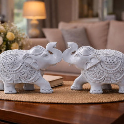  Novelika Elephant Statue 2 Pcs Set, Resin, Traditional Style, Good Luck Theme, for Home Decor & Office (White)