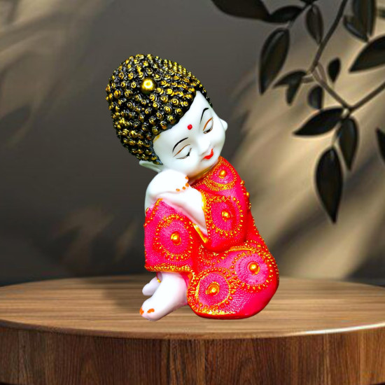 Novelika Baby Buddha Statue Marble Dust, Handcrafted for Office, Bedroom, Study Room, Living Room Home Decor Item. Baby Monk Statue for Peace. (Red) set of 1