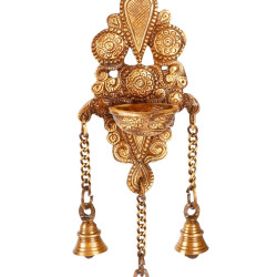 Novelika Brass Diya Wall Hanging Deepak with 3 Chain Bells