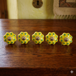 Yellow Color Blue-Green  Dot Spotted Melon Ceramic Door Knob For- Kitchen Cupboard ,Furniture Home Décor,  Cabinet - Drawer - Cabinet pulls - Door knobs. (Set Of 5.)