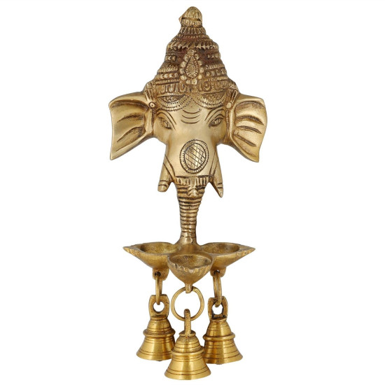 Novelika Brass Ganesh Ganesha Wall Hanging Idol Oil Lamp Three Diyas and Bells Puja Gifting Entrance Home Decor Idol Novelika Brass Ganesh Ganesha Wall Hanging Idol Oil Lamp Three Diyas and Bells Puja Gifting Entrance Home Decor Idol