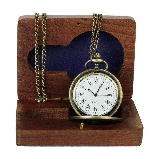 Novelika Metal Locket Pocket Watch Long Chain with Roman Numbers for Women Men Vintage Style Round Dial Quartz Cover Bronze with Wooden Box Novelika Metal Locket Pocket Watch Long Chain with Roman Numbers for Women Men Vintage Style Round Dial Quartz Cover Bronze with Wooden Box