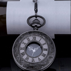 Novelika Analogue Unisex Antique Black Vintage Style Round Dial Quartz Cover Bronze Locket Pocket Watch with Long Chain , Roman Numbers