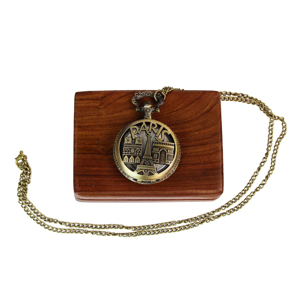 Novelika Antique Locket Pocket Watch Long Chain Roman Numbers for Women Men Vintage Style Round Dial Quartz Paris Cover Bronze