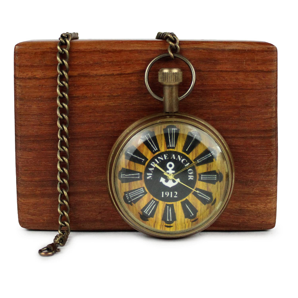 Novelika Brass Antique Marine Anchor Pocket Watch with Wooden Box Roman Numbers Dial for Unisex Men and Women Gift