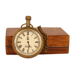 Novelika Brass Pocket Watch with Chain Golden Roman Numbers Dial for Men and Women with Brass Chain and  Wood Box