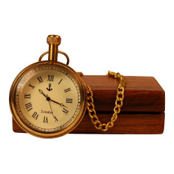 Novelika Brass Pocket Watch with Chain Golden Roman Numbers Dial for Men and Women with Brass Chain and  Wood Box