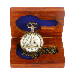 Novelika Bronze Metal Vintage Style Antique Quartz Cover Round Dial Triangle Analog Locket Pocket Watch with Long Chain and Roman Numbers with Wooden Box for Women and Men