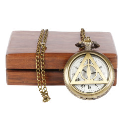 Novelika Bronze Metal Vintage Style Antique Quartz Cover Round Dial Triangle Analog Locket Pocket Watch with Long Chain and Roman Numbers with Wooden Box for Women and Men