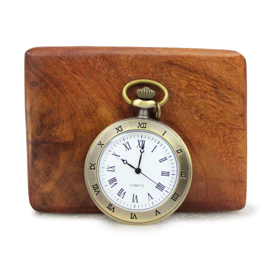 Novelika Bronze Open Roman Number Unisex Antique Vintage Style Round Dial Locket Metal Pocket Watch with Long Chain with Wooden Box.