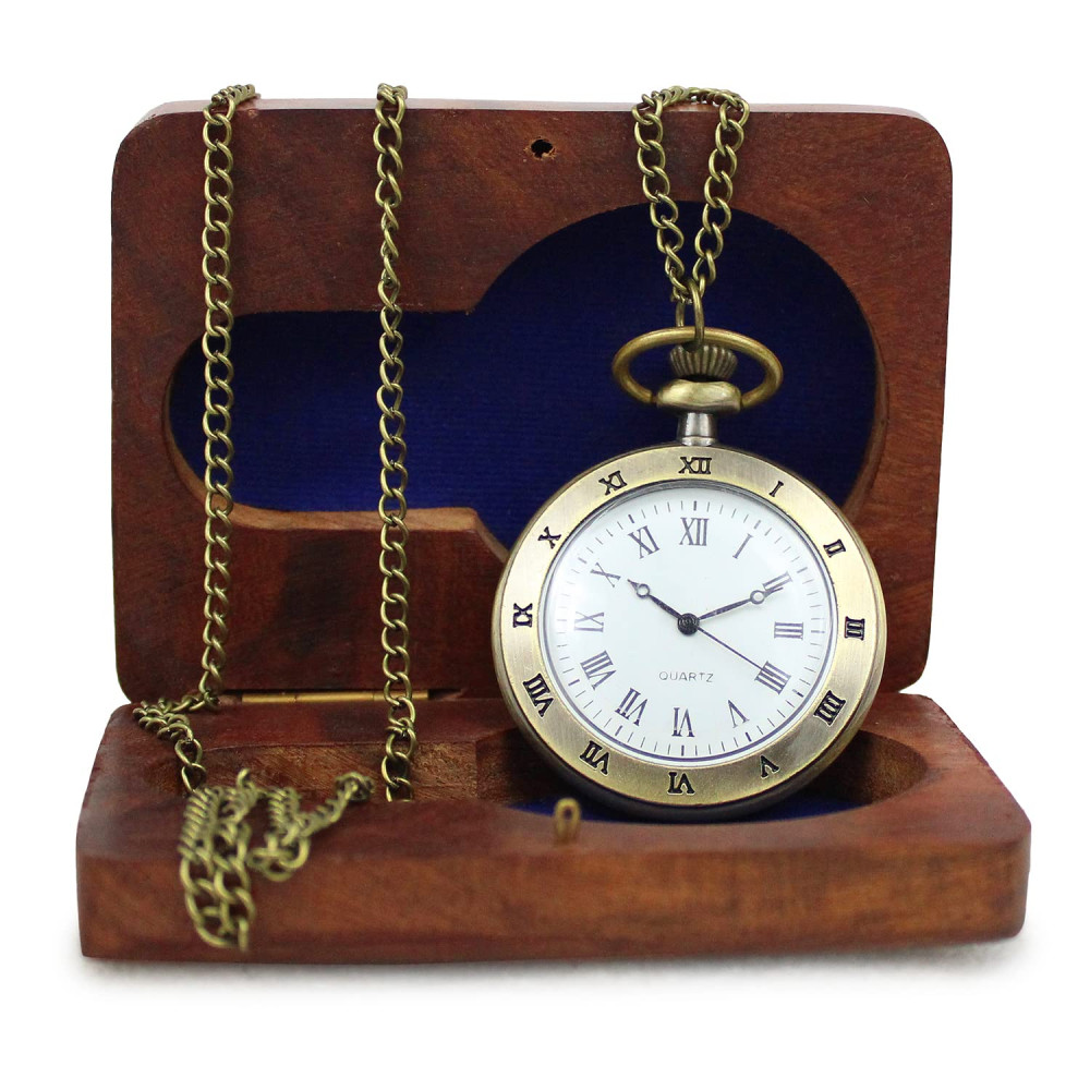 Novelika DAD Antique Analog Locket Pocket Watch Long Chain Roman Numbers for Women Men Vintage Style Round Dial Quartz Cover Bronze with Wooden Box