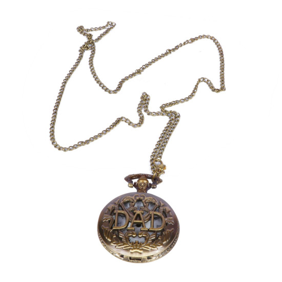 Novelika DAD Antique Analog Locket Pocket Watch Long Chain Roman Numbers for Women Men Vintage Style Round Dial Quartz Cover Bronze with Wooden Box