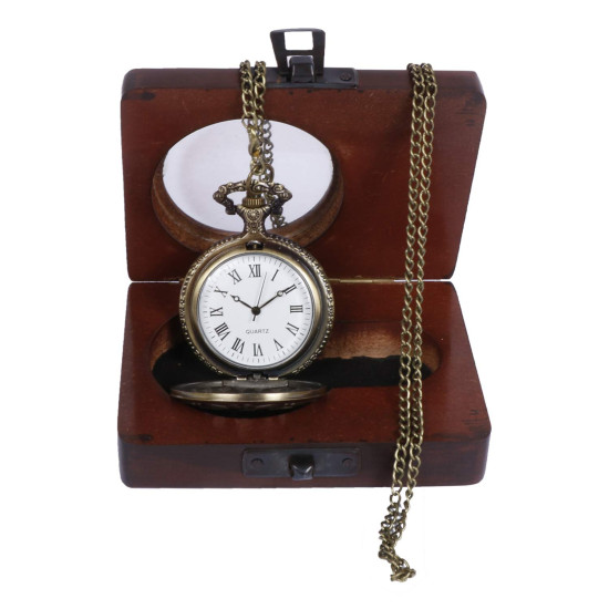 Novelika DAD Antique Analog Locket Pocket Watch Long Chain Roman Numbers for Women Men Vintage Style Round Dial Quartz Cover Bronze with Wooden Box