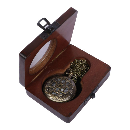 Novelika DAD Antique Analog Locket Pocket Watch Long Chain Roman Numbers for Women Men Vintage Style Round Dial Quartz Cover Bronze with Wooden Box