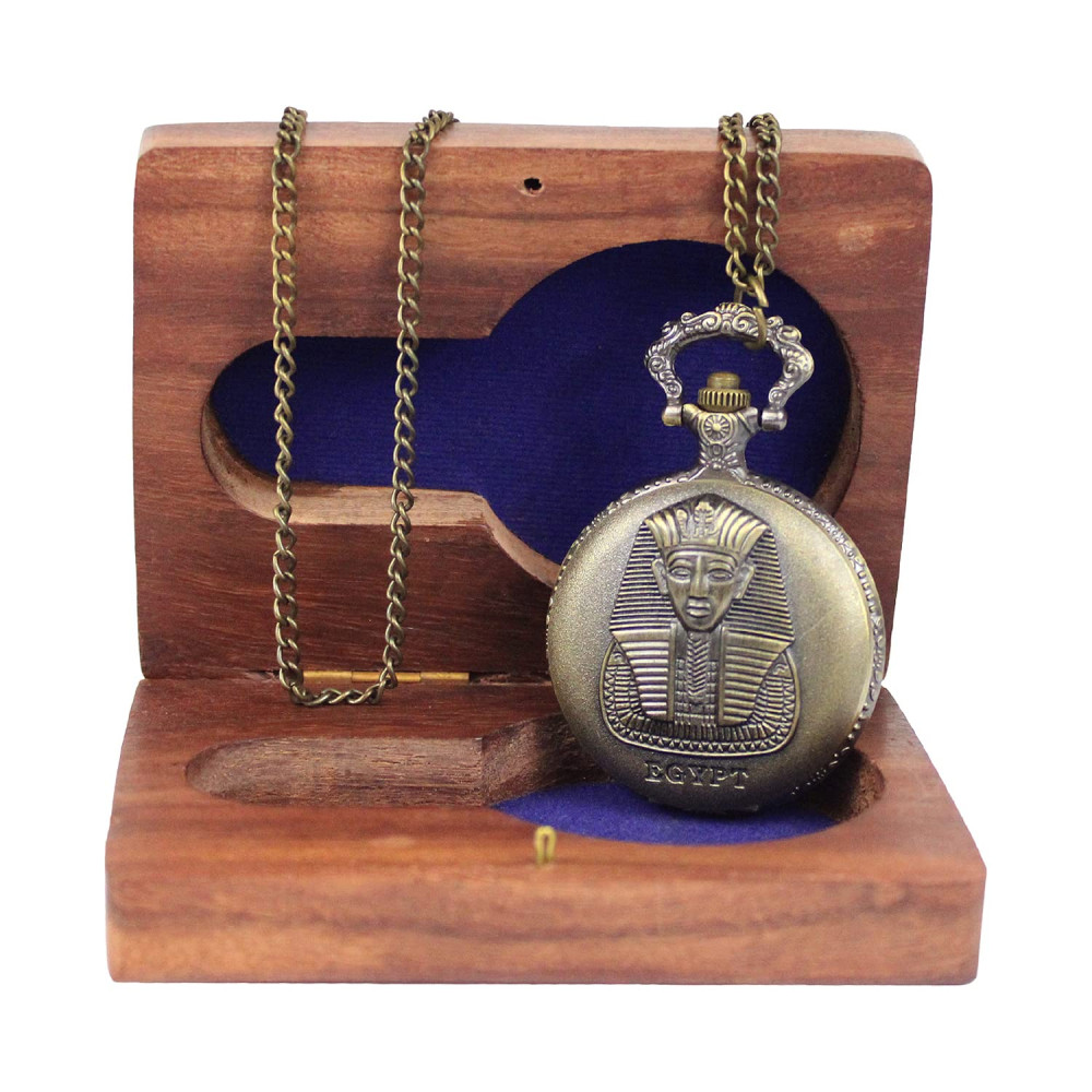 Novelika Egypt Engraved Bronze Antique Pocket Watch with Roman Number Dial with Wooden Box for Men and Women