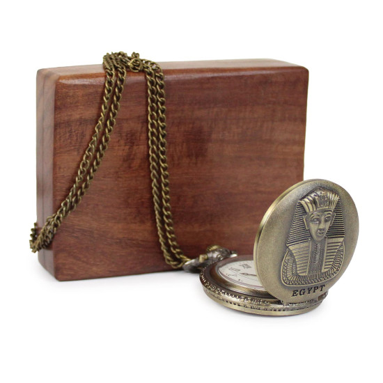 Novelika Egypt Engraved Bronze Antique Pocket Watch with Roman Number Dial with Wooden Box for Men and Women