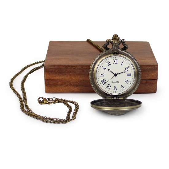 Novelika Egypt Engraved Bronze Antique Pocket Watch with Roman Number Dial with Wooden Box for Men and Women