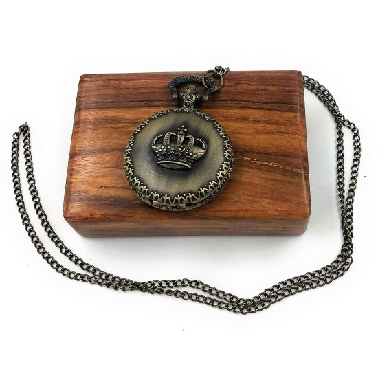 Novelika Pocket Watch King Crown Antique Locket Long Chain Round Dial Quartz Cover Pocket Watch with Roman Numbers with Wooden Box