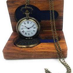 Novelika Pocket Watch King Crown Antique Locket Long Chain Round Dial Quartz Cover Pocket Watch with Roman Numbers with Wooden Box