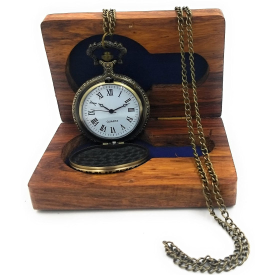 Novelika Pocket Watch King Crown Antique Locket Long Chain Round Dial Quartz Cover Pocket Watch with Roman Numbers with Wooden Box