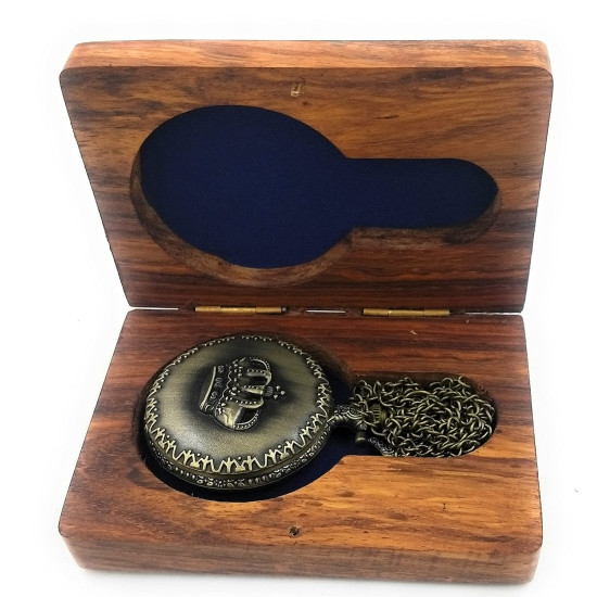 Novelika Pocket Watch King Crown Antique Locket Long Chain Round Dial Quartz Cover Pocket Watch with Roman Numbers with Wooden Box