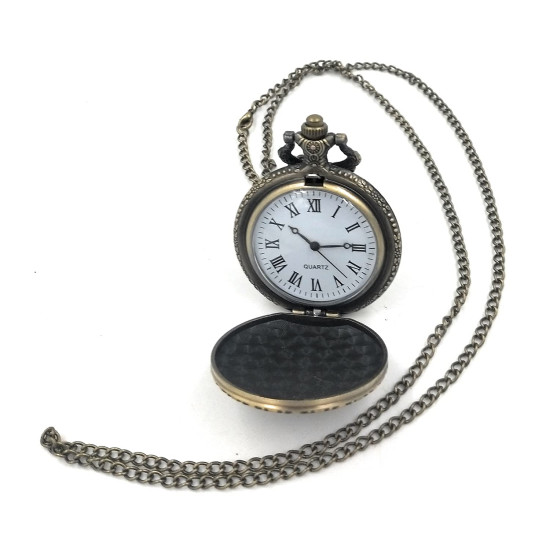Novelika Pocket Watch King Crown Antique Locket Long Chain Round Dial Quartz Cover Pocket Watch with Roman Numbers with Wooden Box