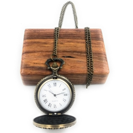 Novelika Pocket Watch King Crown Antique Locket Long Chain Round Dial Quartz Cover Pocket Watch with Roman Numbers with Wooden Box