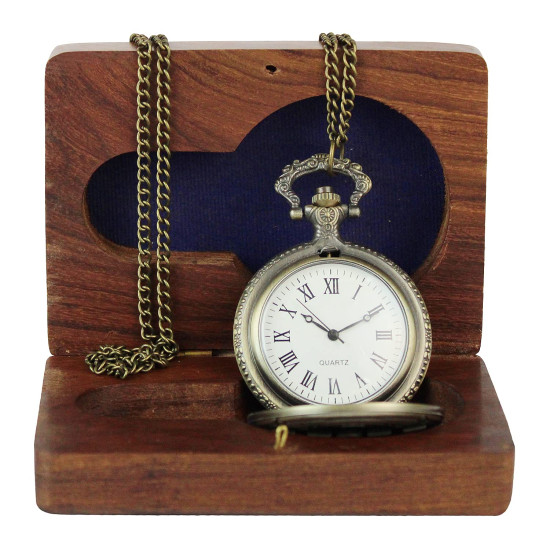 Novelika MoM Engraving Pocket Watch Bronze Long Chain with Wooden Box Roman Number Dial Pendant Necklace Locket Gandhi Style Pocket Watch for Men/Women