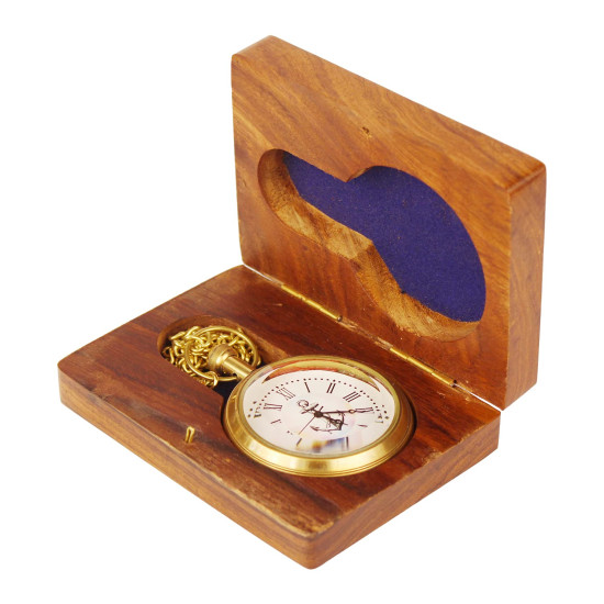 Novelika Pocket Watch with Chain Golden Roman Numbers Dial for Men and Women with Brass Chain Wood Safety Box