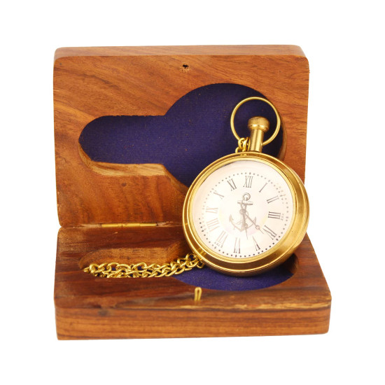 Novelika Pocket Watch with Chain Golden Roman Numbers Dial for Men and Women with Brass Chain Wood Safety Box