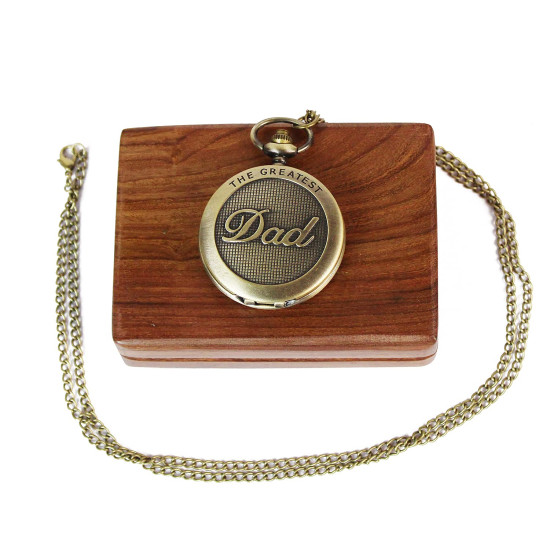 Novelika The Greatest Dad Antique Analog Locket Pocket Watch Long Chain Roman Numbers for Women Men Vintage Style Round Dial Quartz Cover Bronze with Wooden Box